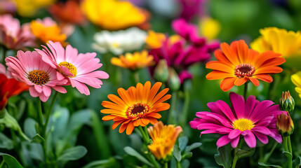 Fototapeta premium A close-up view of a variety of flowers in full bloom, showcasing their vivid colors and delicate petals 