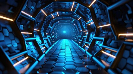 Obraz premium Futuristic Sci-Fi Tunnel with Hexagonal Patterns and Blue Neon Lights