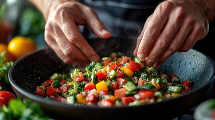 Chef Preparing Fresh Vegetable Salad in a Pan with Colorful Ingredients and Herbs