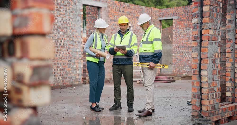 Poster construction team, building site and tablet for planning collaboration with safety gear. group, engi