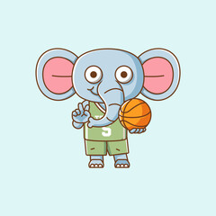 Fototapeta premium Cute elephant basketball player play basket kawaii chibi character mascot illustration outline style design