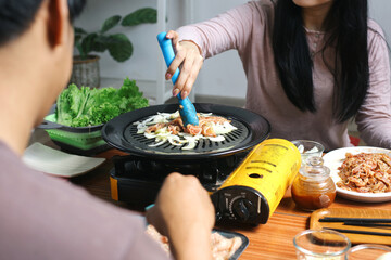 Grilling Beef Slice Together For Making Korean Barbeque