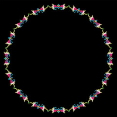 Circular border with abstract vintage motifs. Round decorative frame. Folk style.