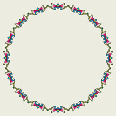 Circular border with abstract vintage motifs. Round decorative frame. Folk style.