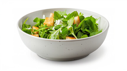 A fresh Caesar salad with crisp lettuce, croutons, and creamy dressing, presented in a white bowl, on a white background.