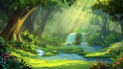 Obraz premium Enchanted Waterfall in a Lush Forest, digital painting, waterfall, forest, stream, nature, fantasy