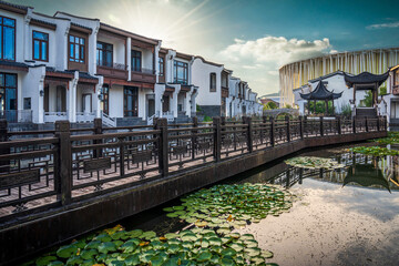 Fototapeta premium Traditional Housing with Bridge and Lily Pond