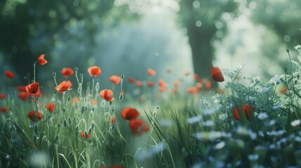 Fototapeta premium A serene meadow filled with vibrant poppies and wildflowers in soft focus. Sunlight filters through the trees, creating a peaceful ambiance.