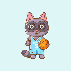 Cute raccoon basketball player play basket kawaii chibi character mascot illustration outline style design