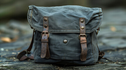 A weathered, vintage messenger bag with leather straps sits on a textured cobblestone pathway.