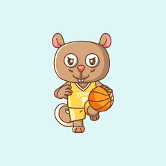 Cute squirrel basketball player play basket kawaii chibi character mascot illustration outline style design