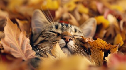 A cat lounging in a pile of warm, colorful leaves