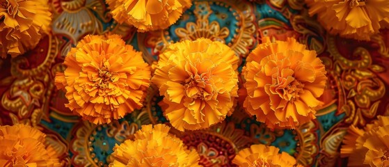 Bright orange marigold flowers arranged on colorful fabric, showcasing vibrant hues and intricate patterns, perfect for festive or cultural themes.