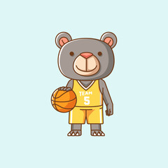 Cute teddy bear basketball player play basket kawaii chibi character mascot illustration outline style design