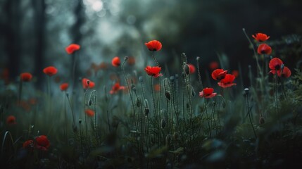 Obraz premium Serene field of vibrant red poppies in a dreamy, mist-covered forest, capturing the beauty of wildflowers in a tranquil, natural setting.