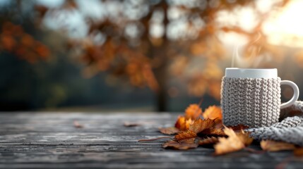 Obraz premium A cozy autumn scene with a leaf pile and a hot drink on a nearby table