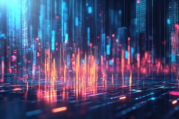 Abstract Digital Cityscape with Vibrant Neon Lights