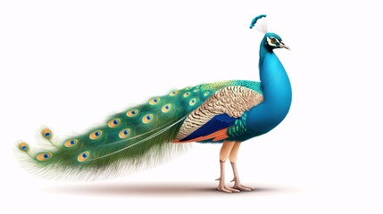 Fototapeta premium Majestic Peacock: A vision of vibrant beauty and elegance, this peacock stands in profile, its iridescent plumage fully displayed against a clean white backdrop. 