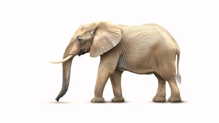 Obraz premium Majestic African Elephant on White: A majestic African elephant, bathed in warm light, stands tall against a clean white backdrop. Its wrinkled skin and powerful tusks speak of age and wisdom