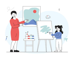 Child learns draw. Mother and daughter standing near canvas. Development of children creative skills. Creativity and art. Linear vector illustration