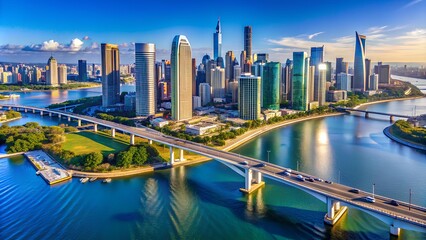 Fototapeta premium City Skyline with Water. Vibrant city skyline with bridge and waterfront, showcasing modern urban architecture, city development, and stunning skyline views in a thriving metropolitan setting.