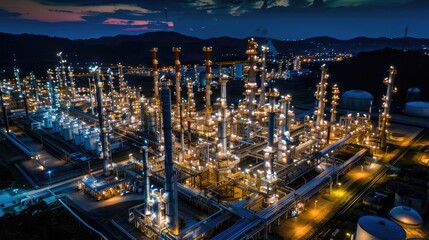 Fototapeta premium Oil refinery plant at night. Illuminated petroleum oil industry factory. Industrial scenery of gas energy production