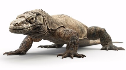 Obraz premium The Komodo Dragon: A majestic and powerful Komodo dragon stands confidently on a white background, showcasing its intricate scales and piercing gaze.