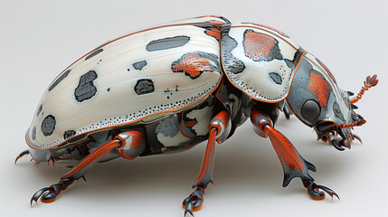 A close-up of a detailed, stylized beetle with intricate white, black, and orange patterns on its body and legs, set against a neutral background.