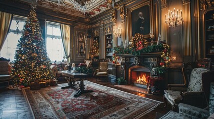 Obraz premium Victorian style living room with fireplace, decorated and illuminated Christmas tree and gift boxes. New Year ambience