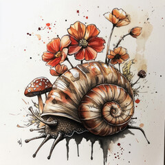 illustration of snail,  mushrooms