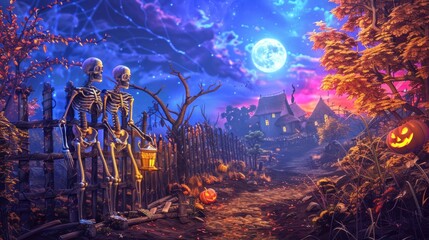 Skeletal Couple Watching the Full Moon on a Spooky Halloween Night