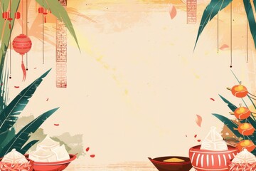 Template featuring a festive border with zongzi and dragon boat motifs