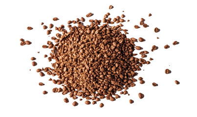A pile of brown beans on a white background. The beans are scattered and piled up in a heap