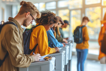 A group of students focused on their work, standing in a row and using digital tablets. They are dressed casually, with a vibrant mix of yellow and denim jackets.