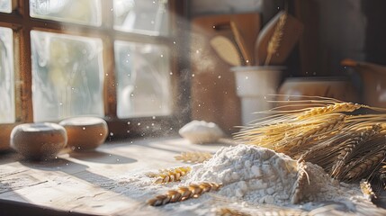 Flour and wheat ears arranged in a sunlit kitchen, emphasizing the freshness and natural quality of the ingredients