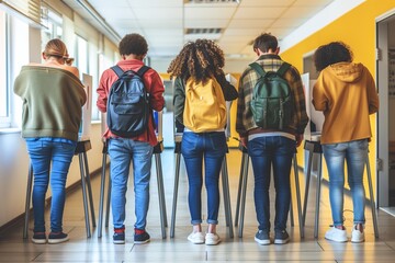 Obraz premium a group of diverse students participating in a school election. They are standing in front of voting booths, casting their votes, with their backs to the camera.