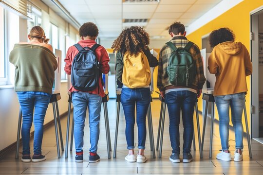 a group of diverse students participating in a school election. They are standing in front of voting booths, casting their votes, with their backs to the camera.