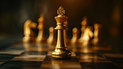 Focused shot of a golden king chess piece with a strategic game setup behind, highlighting the importance of key moves