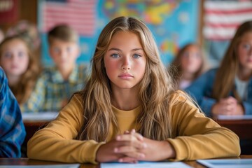 A young girl with light brown hair and freckles sits attentively in a classroom, looking thoughtful. She is wearing a mustard-colored cardigan over a denim shirt.