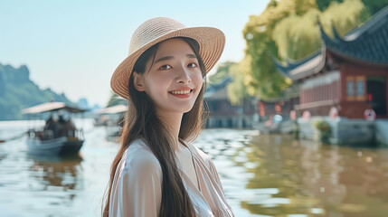 A young Chinese woman wearing a sun hat smiles for the camera in a Chinese park