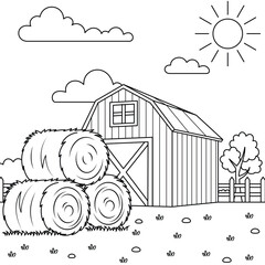 Stack of hay bales in front of a barn outline coloring page. Thanksgiving hand drawn colouring © Saly