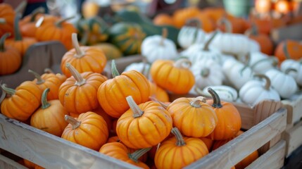 Autumn harvest basket with pumpkins.