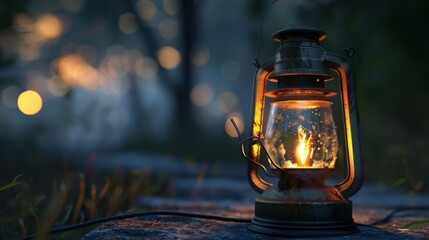 109. Camping Lantern, realistic style, muted tones, metallic pattern, eye level, soft light, bokeh,