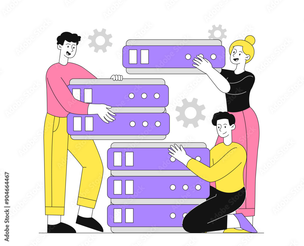 Poster people with database. men and woman near electronic storage and archive. hardware technology. techni