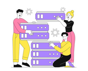 People with database. Men and woman near electronic storage and archive. Hardware technology. Technicians near server with documents and files. Linear vector illustration