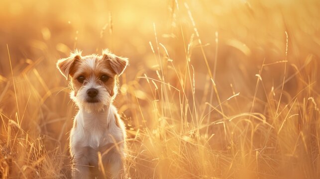 A small dog standing in a field of tall grass surrounded by an abstract background of golden hues and soft light, Serene autumn vibes