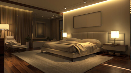 A bedroom with a large bed, a nightstand, and a chair