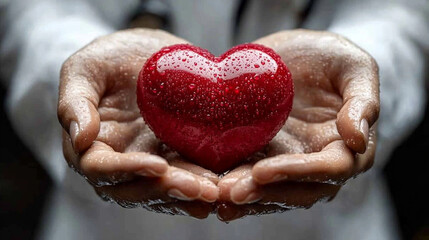 cardiologist focuses intently while holding a red heart model, symbolizing dedication and care in heart health. Emphasizes medical expertise and compassion for patients