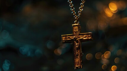 Shiny gold cross on a chain, captured against a rich, dark backdrop, highlighting its intricate details