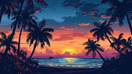 Silhouettes of palm trees at sunset on a beach, captured in a detailed view, highlighting the beauty of the tropical